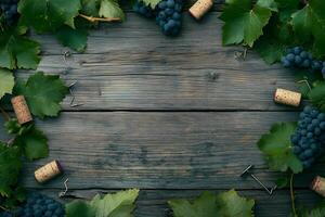 Wooden table is beautifully bordered with grapes, grape leaves, wine corks, and wine openers photo