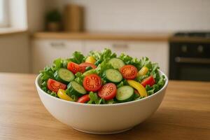 Fresh Salad Bowl With Colorful Vegetables On Kitchen Counter In Soft Natural Light Perfect For Healthy Eating Concept And Culinary Design In Modern Home Cooking Setting photo
