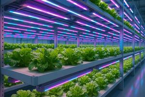 Vegetables Growing in Vertical Farm with LED Lights for Sustainable Agriculture and Innovative Plant Vaccine Production Concept photo