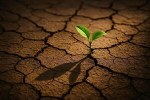 Hopeful Seedling Growing in Cracked Earth with Dramatic Shadows Highlighting Resilience and Survival in Arid Lands photo