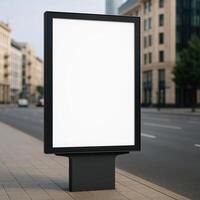 Blank Vertical Billboard on Urban Street for Advertisement Display in Cityscape Setting Featuring Empty Ad Space photo