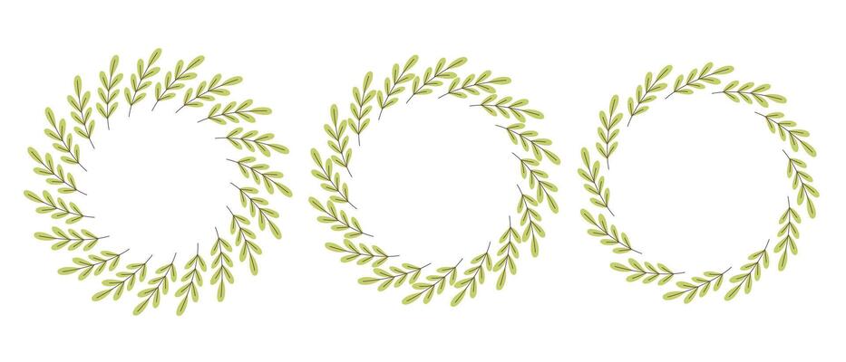 Gently simple flower circle frames. Hand drawn botanical round border, green branches wreath, laurel. Design for invitation, card, banner, logo
