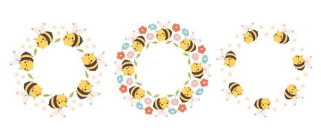 Cute bee characters with flowers circle frame. Cute hand drawn round frame in doodle style. Circular template. vector