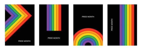 Colorful Pride Month Abstract Poster Set, Rainbow Lines Modern Geometric Art Design, Vibrant Minimal, Backgrounds with Dark Gradient vector