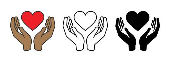Three variations of hands gently holding a heart vector