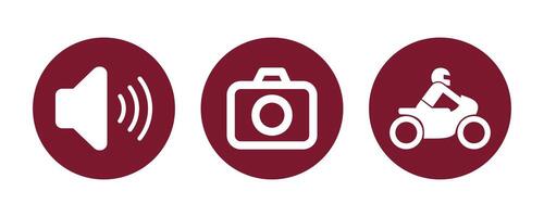 Three icons of sound camera and motorcycle on maroon circles isolated on a white background vector