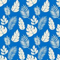 Tropical leaf seamless pattern, monstera, palm, and banana leaves design. White tropical leaves pattern on blue background for textile, wrapping paper, packaging vector