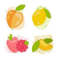 Peach, Lemon, Berries, Mango. The illustration is playful and bubbly, adorned with whimsical accents. The color scheme features soft yellows, pinks, and greens, creating a joyful and summery mood vector