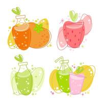 Fresh fruit beverages illustrations in retro style. Decor elements include whimsical bubbles and fruit motifs. The color scheme embraces vibrant juicy colors, conveying a joyful and happy summer mood vector