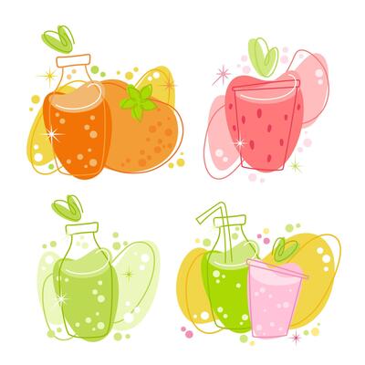 Fresh fruit beverages illustrations in retro style. Decor elements include whimsical bubbles and fruit motifs. The color scheme embraces vibrant juicy colors, conveying a joyful and happy summer mood