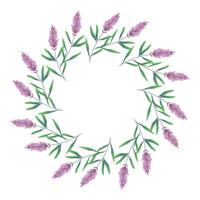 Green round frame with decorative foliage and flowers lavender. Abstract botanical illustration ideal for banners, greeting cards, and invitations. artwork vector