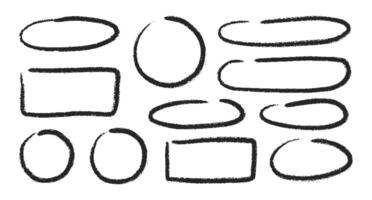 Grunge Hand Drawn Circle Highlights with dry brush or marker texture. Marker Scribble round and square Elements Set. Sketchy rough oval and circular frames perfect for emphasizing text, UX design vector