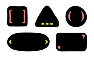 Hand drawn geometric shapes and frames for social media with color punctuation marks for quote. Abstract doodle isolated text box. Kids speech bubble blobs for dialog. Best for contemporary graphic vector