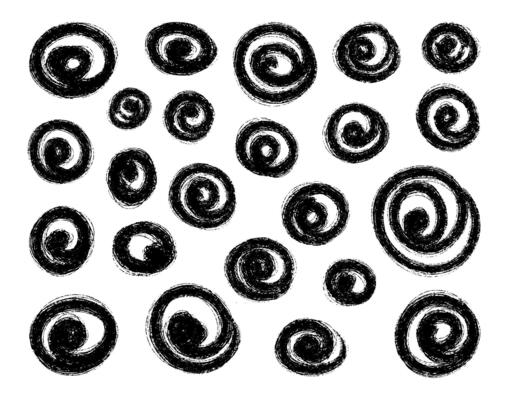 Hand Drawn Black Ink Spirals. Grunge Doodle Swirl Elements. Sketchy ink swirl shapes in various sizes, isolated on white background. Perfect for abstract designs, modern grunge art, posters, t shirt