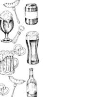 grilled sausage on fork frame, logo, menu, template. Bavarian pretzel, Brezel with salt. Graphic German bottle of beer, bratwurst illustration isolated on background. Hand drawn line sketch vector