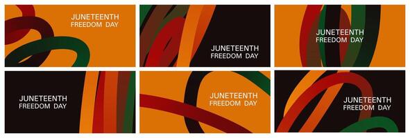 Juneteenth Freedom day, June 19. Horizontal banner templates set with Pan-African flag colors, copy space. Modern trendy abstract design with hand drawn wavy geometric line shapes illustration vector