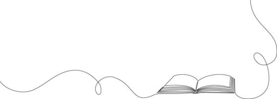 Opened book with glowing light bulb and pen in one continuous line. Symbol of education, reading and writing in one line style. Editable outline illustration vector