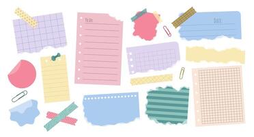 Set of various torn paper notes, stickers, to do list, duct tapes, paper clips. Isolated flat sticky elements, planners, reminders for mood boards, scrapbooking or collages. vector