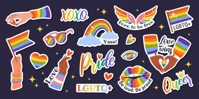 Happy Pride Month. LGBTIA stickers set. Isolated badges with signs and symbols, phrases, flags, hands, hearts, rainbow, lips and eye. Isolated bright elements on dark background.