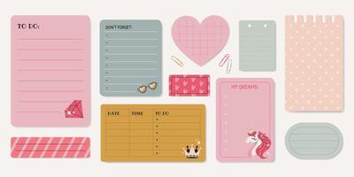 Set of paper notes, stickers, to do lists, diary pages, reminders, daily planner. Isolated girly elements and reminders for scrapbooking, collages, and planners in retro style. vector