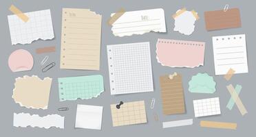 Set of torn paper notes, stickers, to do list, duct tapes, paper clips. Multicolored sticky elements. Isolated planners, reminders for mood boards or scrapbooking on background. Flat style. vector