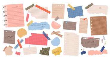 Big set of various torn paper notes, stickers, to do list, notebook, duct tapes, paper clips. Isolated flat sticky elements, planners, reminders for mood boards, scrapbooking, craft designs. vector