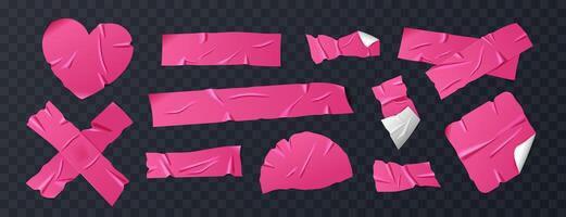 Set of glossy hot pink duct tape, adhesive tape, or sticky paper strips. Isolated elements in various shapes on background. Realistic crumpled tape pieces for collages and creative designs. vector