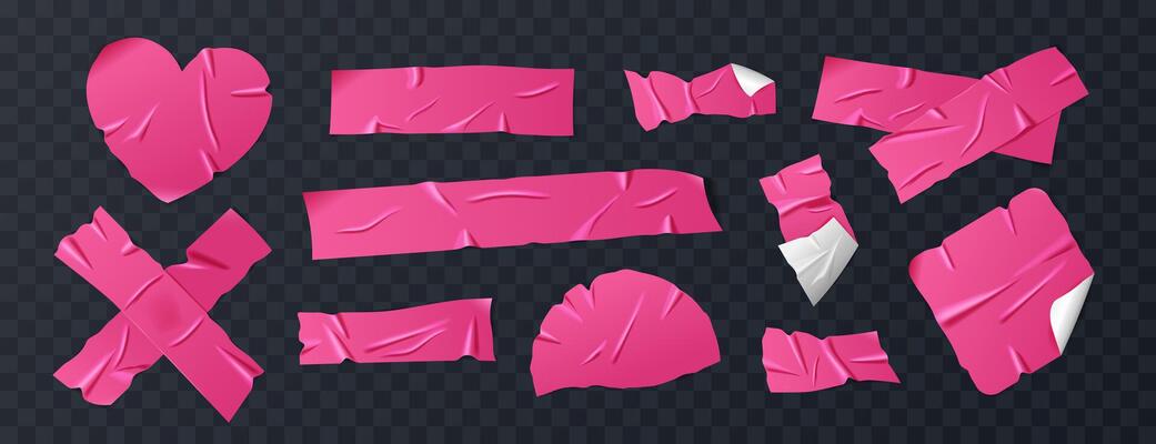 Set of glossy hot pink duct tape, adhesive tape, or sticky paper strips. Isolated elements in various shapes on background. Realistic crumpled tape pieces for collages and creative designs.