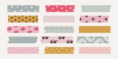 Set of isolated washi tape stripes, sticky duct tapes with different ornaments, patterns. Cute girly elements with ripped edges on white background. Bundle for scrapbooking, collages, planners. vector