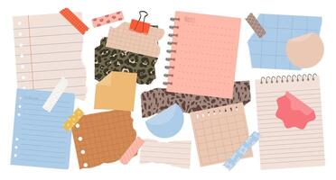 Set of various torn paper notes, stickers, to do list, notebook, duct tapes. Isolated flat sticky elements, planners, reminders for mood boards, scrapbooking or collages. vector