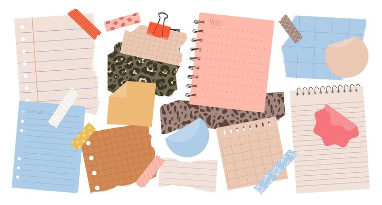 Set of various torn paper notes, stickers, to do list, notebook, duct tapes. Isolated flat sticky elements, planners, reminders for mood boards, scrapbooking or collages.