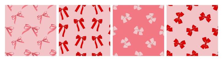 Seamless pattern set with various bow knots. Isolated coquettish tiles for fabric, textiles, wrapping paper, festive designs. Hand drawn girly prints with red and pink bows. vector