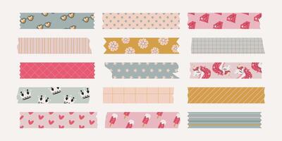 Set of isolated washi tape stripes, sticky duct tapes with different ornaments, patterns. Cute girly elements with ripped edges on background. Bundle for scrapbooking, collages, planners. vector