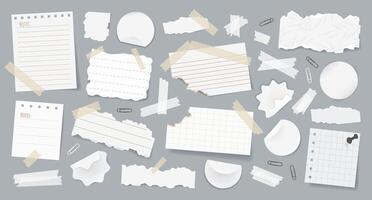 Set of realistic torn paper notes, stickers, to do list, duct tapes, paper clips. Isolated blank sticky elements and reminders for mood boards, scrapbooking, and collages on background. vector