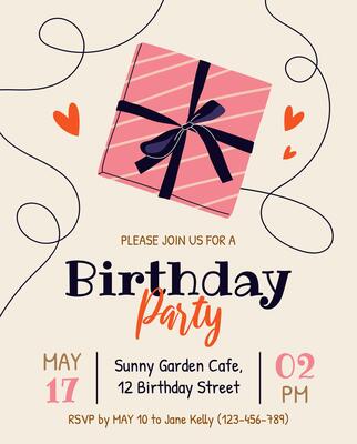 Birthday party invitation. Vertical template for celebration event. Patterned gift box with gift ribbon and hearts. Festive postcard, banner, greeting card in flat style. Celebration concept.