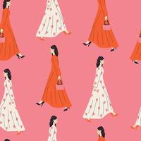 Seamless pattern with stylish young women walking in modern outfits. Tile on pink background for fabric, textiles, wrapping paper, and fashion projects. Includes ready-to-use swatches. vector