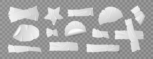 Set of white duct tape, adhesive tape, sticky paper strips. Isolated elements in various shapes on background. Collection of realistic tape pieces for collages and creative designs. vector
