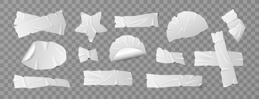 Set of white duct tape, adhesive tape, sticky paper strips. Isolated elements in various shapes on background. Collection of realistic tape pieces for collages and creative designs.