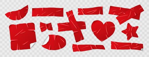 Set of glossy red duct tape, adhesive tape, sticky paper strips. Isolated elements in different shapes on a background. Realistic wrinkled tape pieces for collages, scrapbooking, and creative projects vector