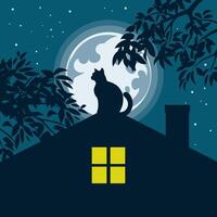 A cat sitting alone on the rooftop with full moon in the background vector