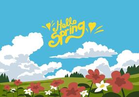 Spring landscape with flowers in the field and sunny day vector