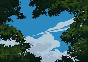 A serene illustration where delicate tree branches frame a vibrant summer sky, filled with fluffy white clouds and hues of azure blue vector