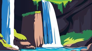 Beautiful waterfall with rocks around it, background with a natural landscape concept in flat style vector