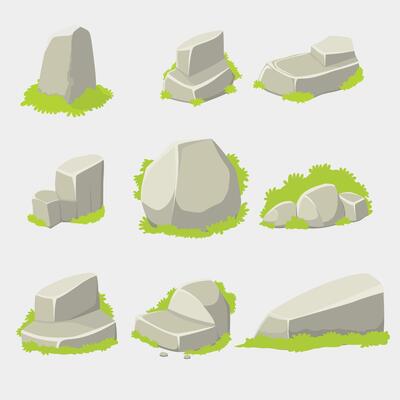clipart of various shapes of stones with grass in flat style, illustration with nature concept