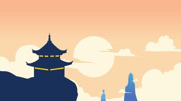 silhouette of a temple on a cliff with clouds and sunset, natural landscape background concept vector