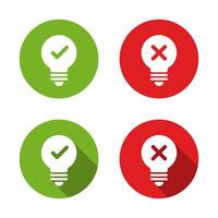 Light bulb with check mark and cross x icon with long shadow vector