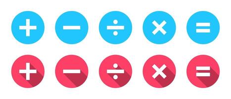 Basic math symbols icon with long shadow. Addition, subtraction, division, multiplication, and equation sign vector