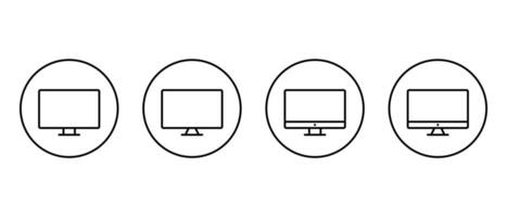 Computer monitor outline icon set on circle line. Desktop screen sign symbol vector