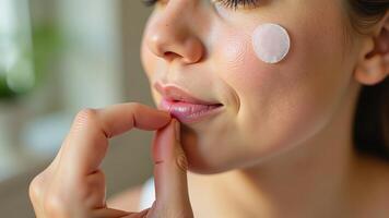 Woman Applying Hydrocolloid Patch For Blemish photo