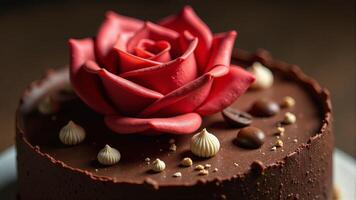 Chocolate Cake Topped With Red Rose photo